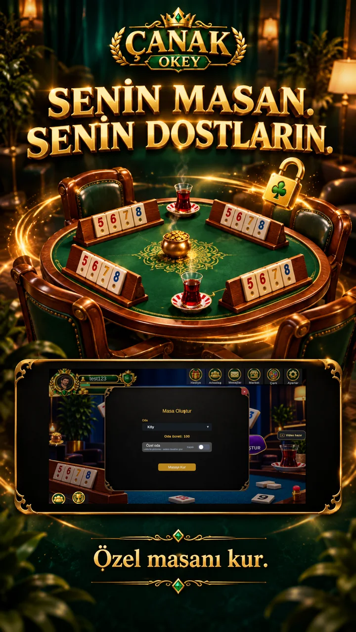 Dört kişilik yeşil okey masası ve özel oda oluşturma ekranı